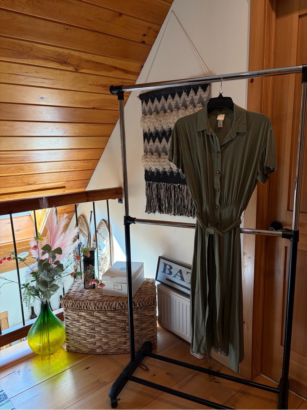H&M Olive Green Button-Front Shirt Dress with Tie Waist